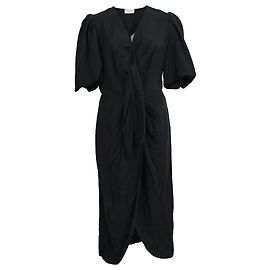 Vestido midi Sandro com mangas bufantes e amarração frontal em linho preto Preto