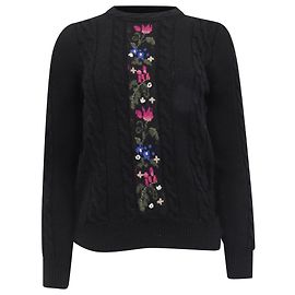 Saint Laurent Floral Cable Knit Pullover aus schwarzer Wolle Schwarz