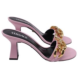Versace Medusa Chain Slide Sandal Heels in Pink Leather Pink
