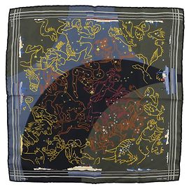 Lenço de seda Carré 45 Hermès Preto Multicor Laranja Caqui Amarelo Azul marinho