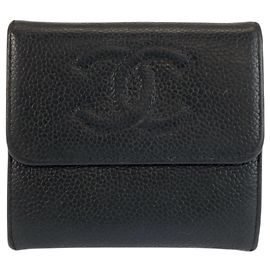 Chanel Coco Mark Black Leather Folding Wallet Black