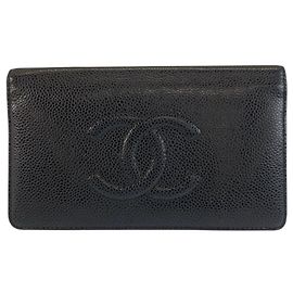 Chanel Coco Mark Black Leather Long Wallet Black