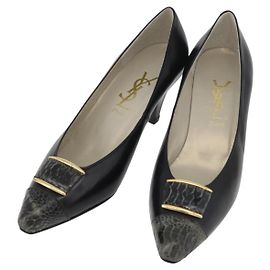 SAINT LAURENT Heel Leather Black Gold Auth ti3935 Black Golden