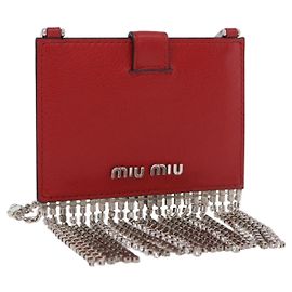 Miu Miu Chain Shoulder Card Case Leather Red Silver Auth 182957SM Silvery Red