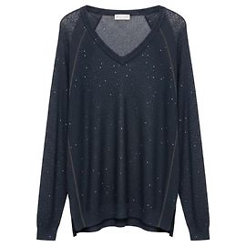 Maglione a maniche lunghe con scollo a V in lino e seta blu navy con paillettes e Monili di Brunello Cucinelli Blu navy