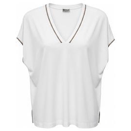Top de cuello en V de algodón elástico blanco con Monili Brunello Cucinelli Blanco