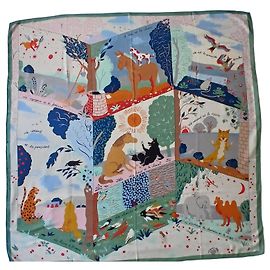 Hermès Sciarpa 140 Le Livre d'Esope Seta e Cashmere Marrone Rosa Bianco Multicolore Beige Verde