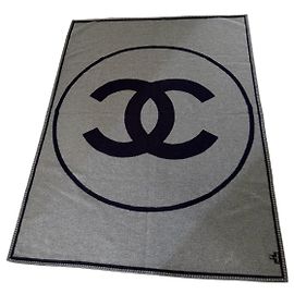 Chanel CC Logo Double-Sided Wool Blanket - Grey/Navy Grey Dark blue