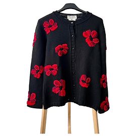 Yves Saint Laurent Schwarzer Wollcardigan mit roten Blumen Schwarz Rot