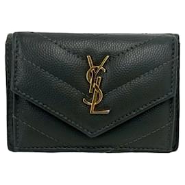Mini portefeuille pliable en trois Yves Saint Laurent en cuir gris Marron
