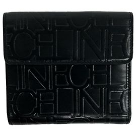 Céline Celine Logo Embossed Leather Tri-fold Wallet Black