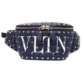 Valentino Blue gesteppte Lammfell VLTN Rockstud Spike Gürteltasche Blau Marineblau