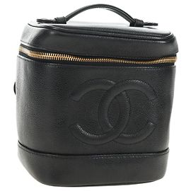 CHANEL Vanity Pouch Caviar Skin Black Gold CC Auth ka4623V Black Golden