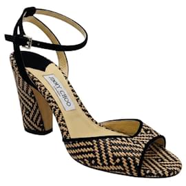 Sandali con cinturino alla caviglia Jimmy Choo Tan / Black Edina in rafia intrecciata con bordi in scamosciato Cammello