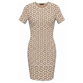 Alexander McQueen Weiß / Nude Kurzärmeliges figurbetontes gemustertes Strickkleid Beige