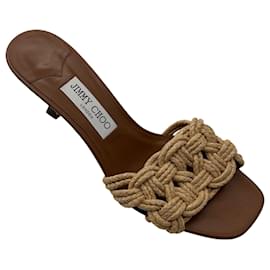 Sandalo Mule Jimmy Choo Tan Chara 70 in pelle e rafia all'uncinetto Cammello