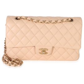 Bolsa Chanel Beige Quilted Lambskin Medium Classic Double Flap Bege