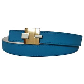 Cinto Hermès Reversível 24mm Couro Azul e Branco Ouro Branco Azul