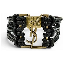 Pulsera Babylon de cuero trenzado Saint Laurent Negro Dorado