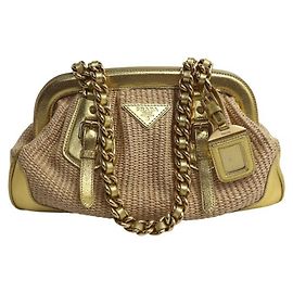 Bolsa de palha bege e dourada Prada Bege Dourado