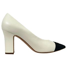 Chanel CC Pointed Cap-Toe Pumps in White Leather White