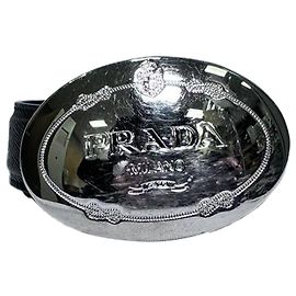Prada Oval Engraved Logo Belt in Black Saffiano Leather Black
