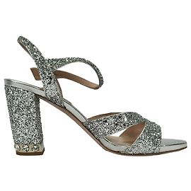Miu Miu Crystal-Embellished Leather Sandals in Silver Glitter Silvery Metallic