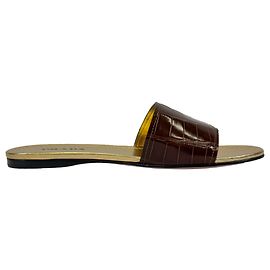 Prada Croc-Embossed Slide Flat Sandals in Brown Leather Brown Red