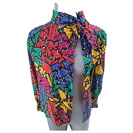 Saint Laurent Paris Blusa de seda estampado abstracto Negro Rosa Roja Azul Multicolor Verde Amarillo