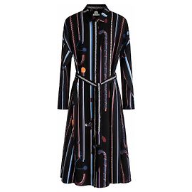 Hermès Les Cannes Seidenkleid Schwarz Weiß Rot Blau