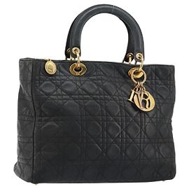 Bolsa Christian Dior Canage Lady Dior em pele de cordeiro preta e dourada Auth 183319 Preto Dourado
