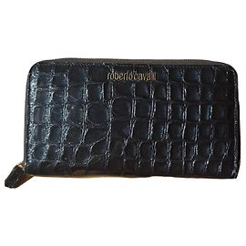 Roberto Cavalli Crocodile Embossed Leather Zip-Around Wallet - Black Black