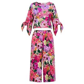 Weekend Max Mara Completo Top e Pantaloni in Seta Stampa Floreale Rosa Beige Verde Arancione Porpora