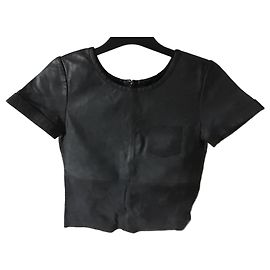 Maje Black Leather Short Sleeve Top Black