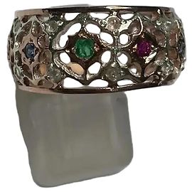 Autre Marque Pink Gold Multi-Gemstone Openwork Band Ring White Red Blue Golden Green Purple