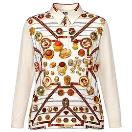 Hermès Pull polo en soie et cachemire "Petite Main", Taille M Blanc Multicolore Beige
