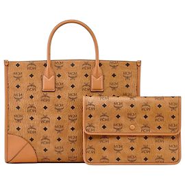 MCM Bolsa Tote Visetos com Pouch Marrom Conhaque