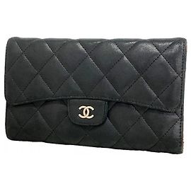 Chanel Black Lambskin Tri-Fold Long Wallet Black