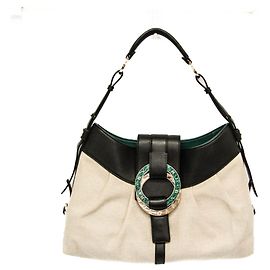 Bulgari Bvlgari Chandra Leather and Canvas Handbag Black Beige