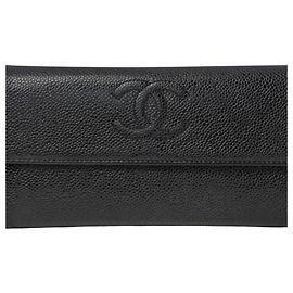 Chanel Black Caviar Leather Long Wallet Black