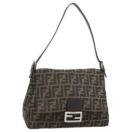 FENDI Zucca Canvas Mamma Baguette Shoulder Bag Black Brown Auth 183009M Marron Noir
