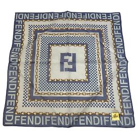 Sciarpa in seta vintage Fendi FF Logo blu bianco oro Blu