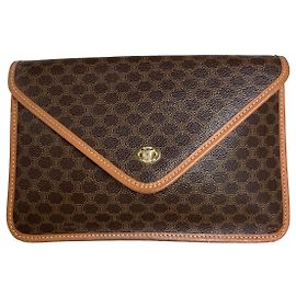 Céline Pochette Vintage Celine en toile enduite Marron Tan Or Marron