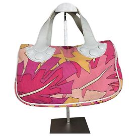 Bolso tote de lona vintage Emilio Pucci Rosa Naranja Amarillo Plata Rosa