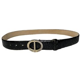 Cinto Vintage Dior em couro com relevo de crocodilo preto e dourado Preto