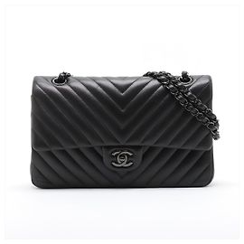 Chanel Classic Double Flap Medium Lambskin Leather Chevron Shoulder Bag Black Black