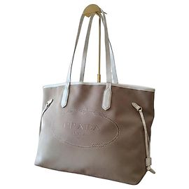 Bolsa Prada Logo Jacquard em lona bege e couro branco Branco Bege