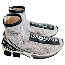 Dolce & Gabbana Silver Rhinestone Logo Sneakers Black Silvery