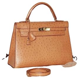 Hermès Kelly 32 Handtasche aus Straußenleder Gold Kamel