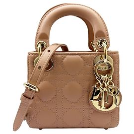 Borsa a tracolla Christian Dior Lady Micro Cannage in agnello rosa champagne e oro da donna Rosa